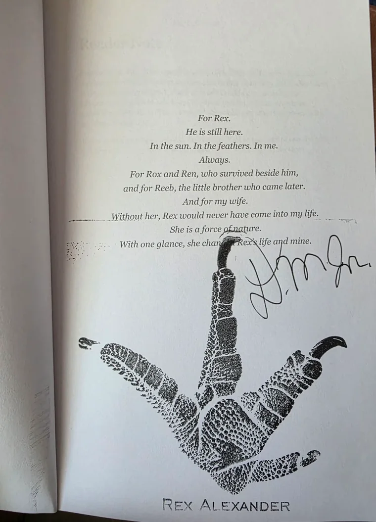 Sample dedication page stamped with Rex Alexander’s footprint and autographed by the author.